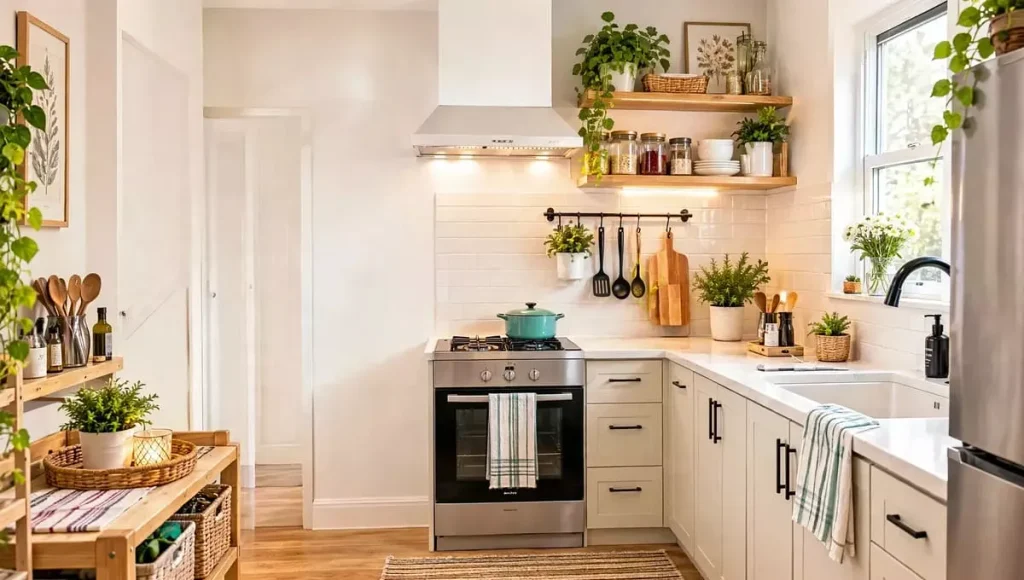 Small kitchen makeover with open shelves to make it feel twice as big