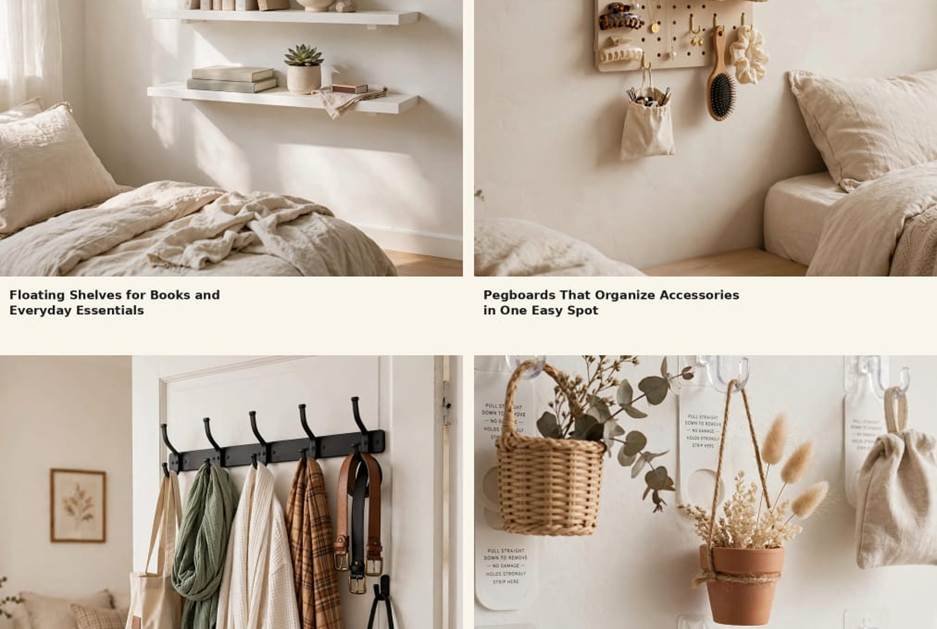 Small bedroom storage ideas with floating shelves, wall hooks, pegboards, and woven baskets