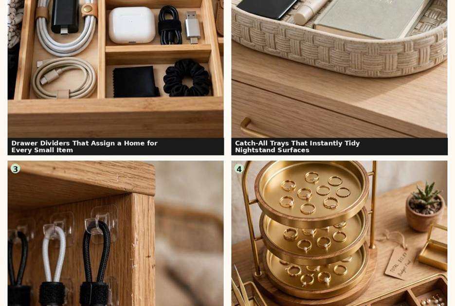 Small bedroom storage ideas with drawer dividers and a jewelry tray organizer.
