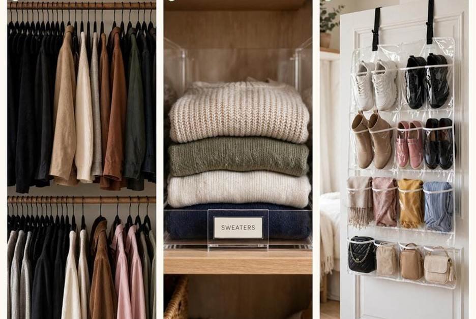 Small bedroom storage ideas for closet organization with hanging clothes, folded sweaters, and an over-the-door shoe organizer