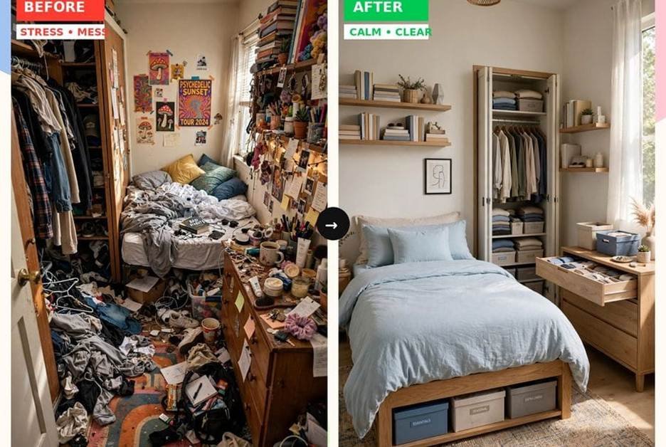 Small bedroom storage ideas before and after: messy vs. organized.