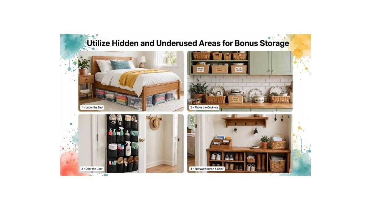 Four bonus storage ideas using hidden areas - store items under bed with flat rolling containers, use space above kitchen cabinets for holiday dishes in baskets, mount over-door organizers behind doors for shoes and toiletries, and place narrow bench with cubbies and wall shelf in entryway