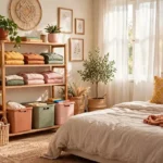 small bedroom storage ideas with open wooden shelves holding folded blankets, colorful fabric bins and wicker baskets in a cozy boho bedroom