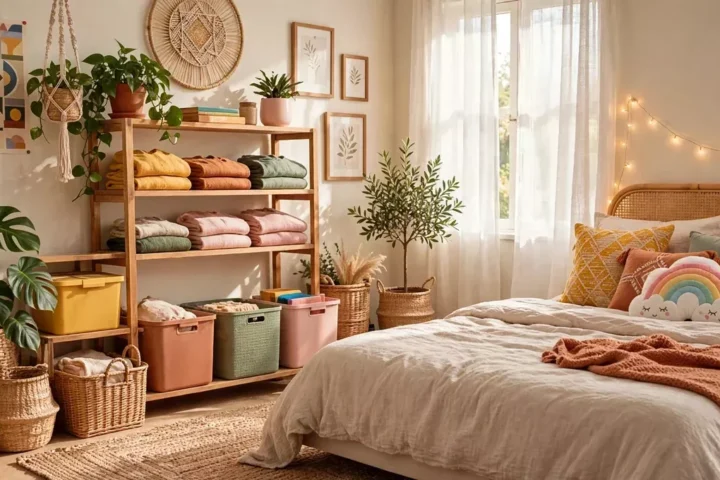 small bedroom storage ideas with open wooden shelves holding folded blankets, colorful fabric bins and wicker baskets in a cozy boho bedroom