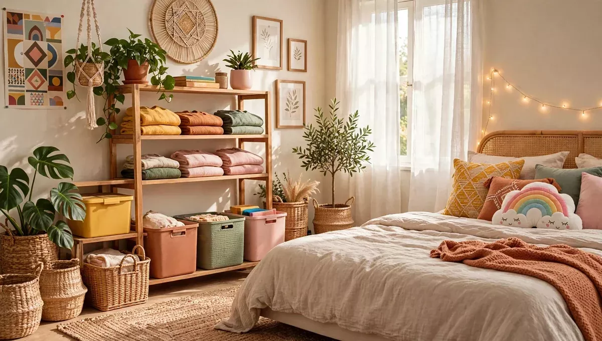 small bedroom storage ideas with open wooden shelves holding folded blankets, colorful fabric bins and wicker baskets in a cozy boho bedroom