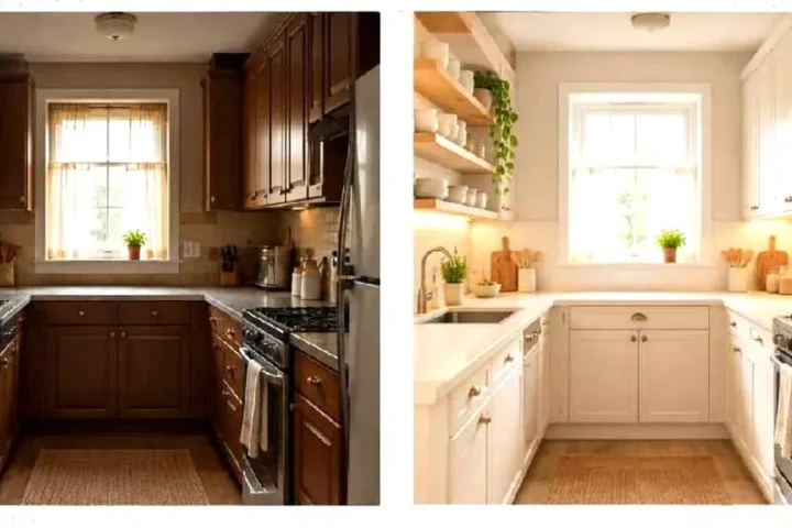 Before and after small kitchen remodel from dark brown wood cabinets to bright white shaker cabinets with open shelving