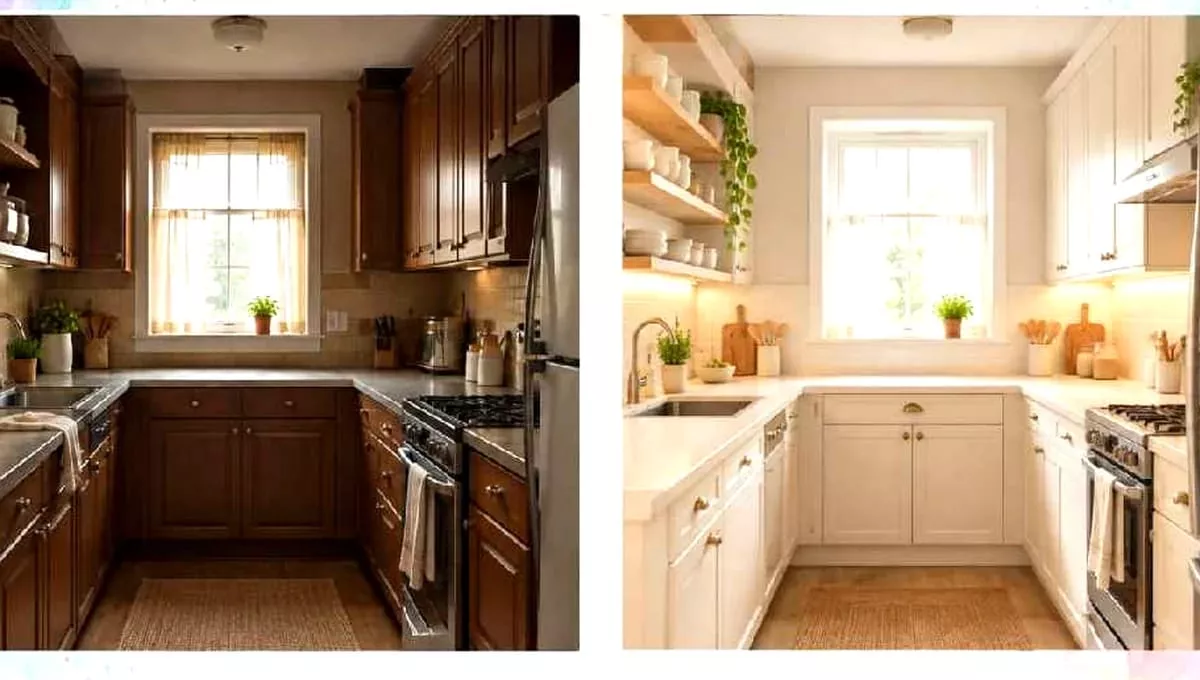 Before and after small kitchen remodel from dark brown wood cabinets to bright white shaker cabinets with open shelving