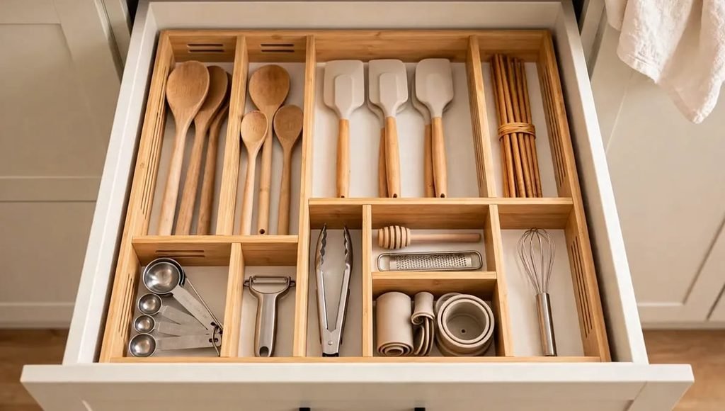 Bamboo drawer dividers organizing kitchen utensils and tools in small kitchen drawer