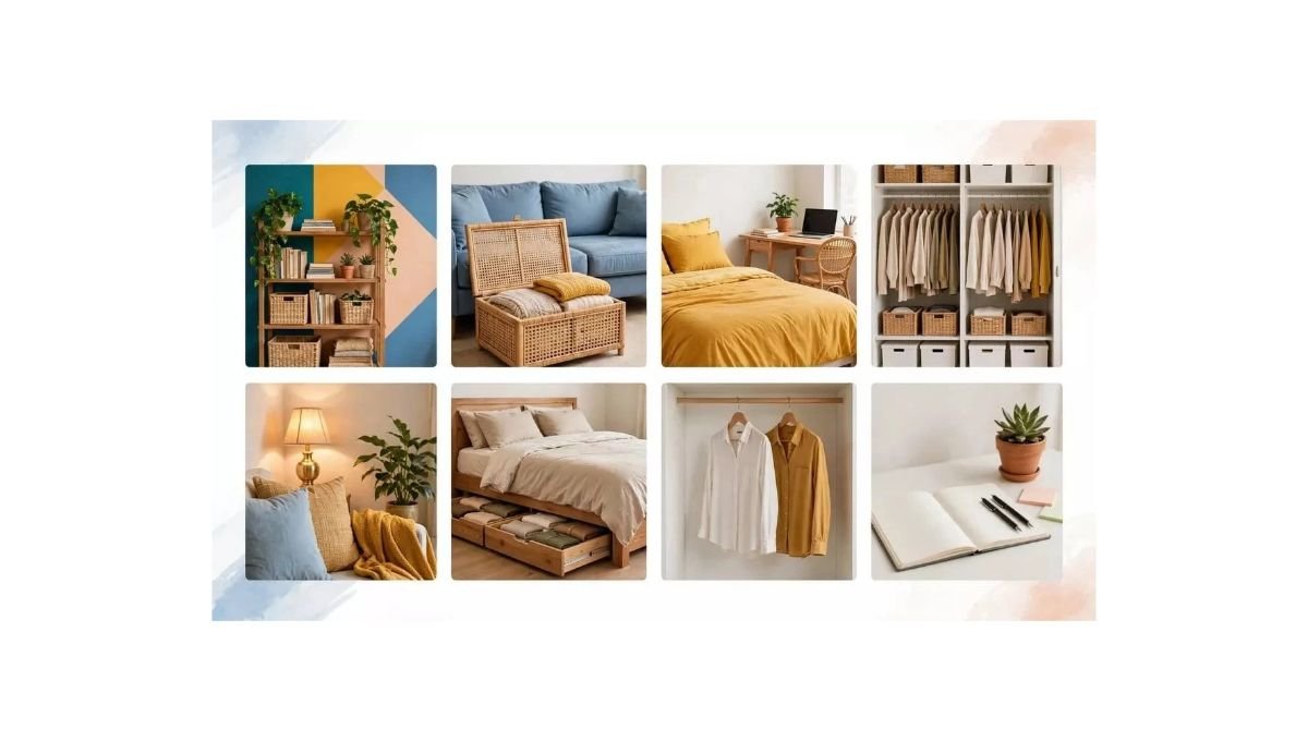 8-photo grid showing small studio organization ideas - wooden bookshelf with baskets and plants on colorful wall, blue sofa with open rattan storage ottoman with yellow throw blankets, mustard yellow bed with wooden desk and laptop work zone, white organized closet with beige sweaters and baskets, cozy corner with glowing gold lamp and mustard pillows, wooden bed with pull-out drawer storage, minimal closet with white and mustard shirts on hangers, open notebook with pens and succulent plant on white desk