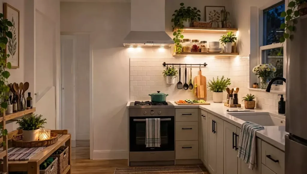 Stick-on LED lights under kitchen cabinets lighting up worktop with warm white light