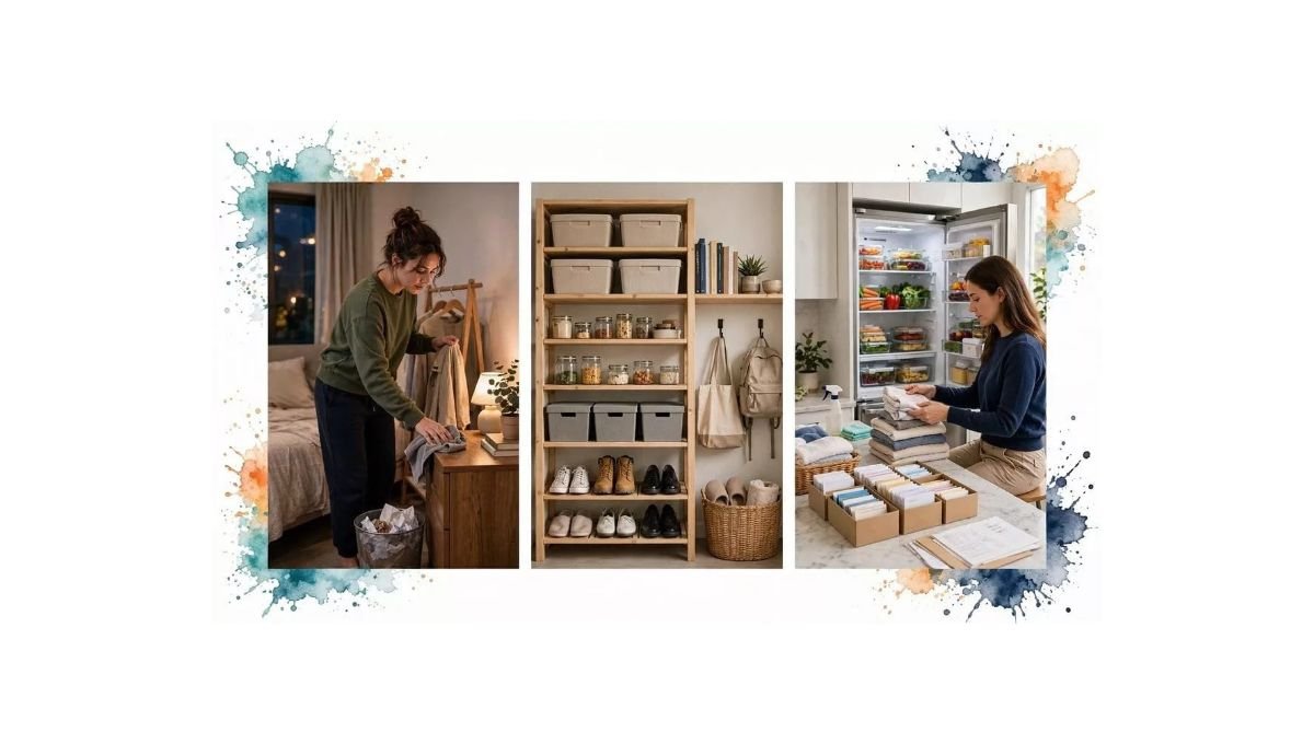 Daily 5-minute reset, assign every item a home on shelves, and weekly batch organize fridge, laundry, and mail to keep studio tidy