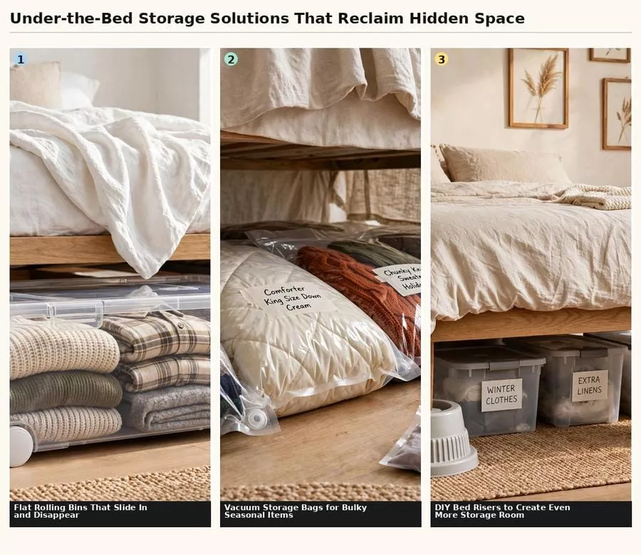 Small bedroom storage ideas under the bed with vacuum storage bags and labelled bins for winter clothes.