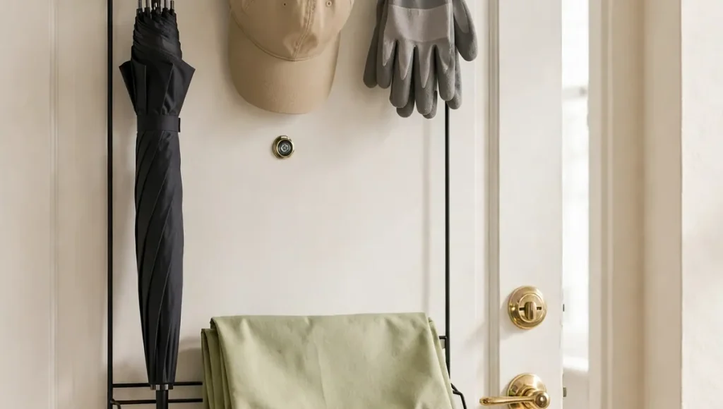 Over-the-door organiser holding an umbrella, hat, gloves and shopping bag