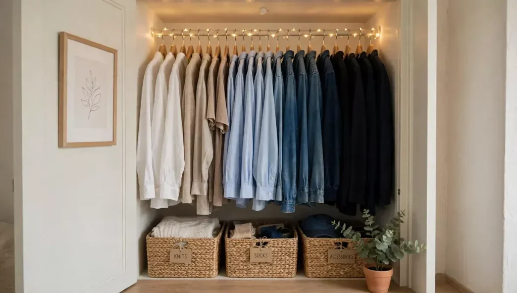 Aesthetic, budget-friendly closet organized by color with matching hangers