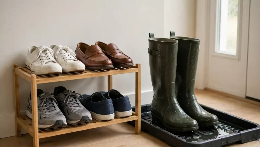 Slim two-tier shoe rack and boot tray in a small entryway