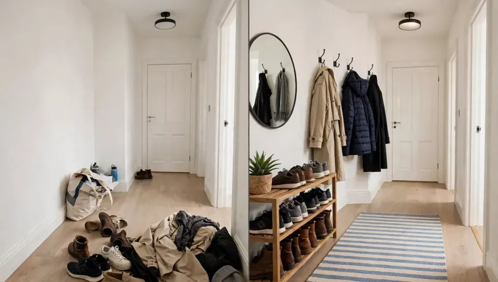 Before and after of a small entryway organised on a budget
