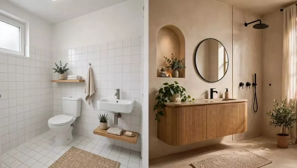 Small wet room budget vs mid-range – white tiles minimal vs beige microcement mid-range.