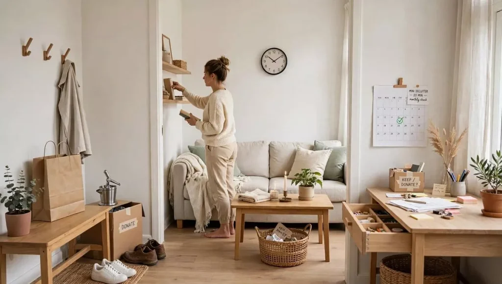Cozy Scandinavian apartment showing simple habits to maintain clutter-free home with one in one out rule donation box ten minute daily reset and monthly mini declutter calendar