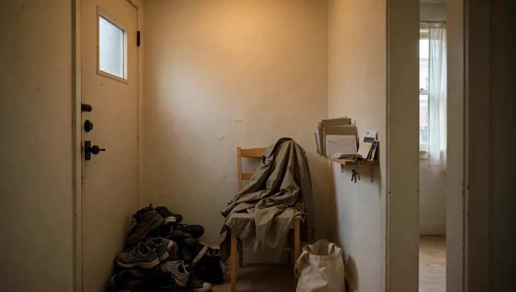 Cluttered small apartment entryway before organizing with shoes piled by door and coat on chair