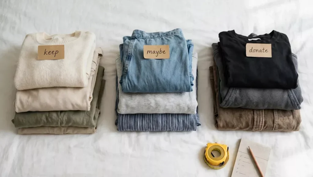 Sorting clothes into piles before organising a small bedroom closet.