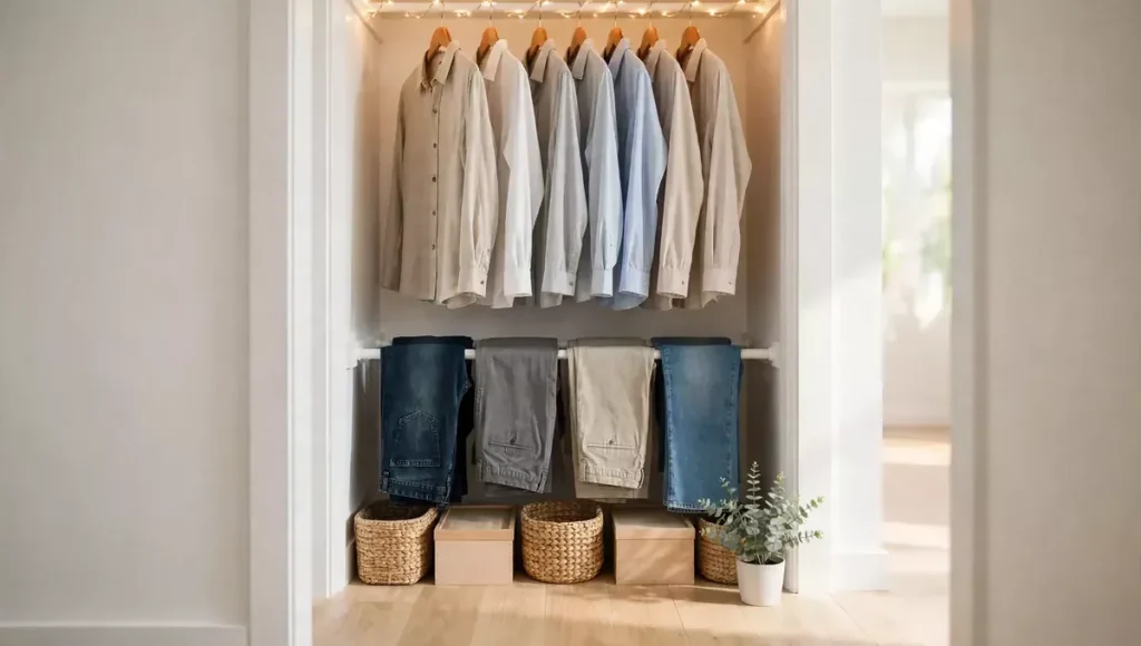 Double-hang closet rod idea for a tiny closet organization setup.