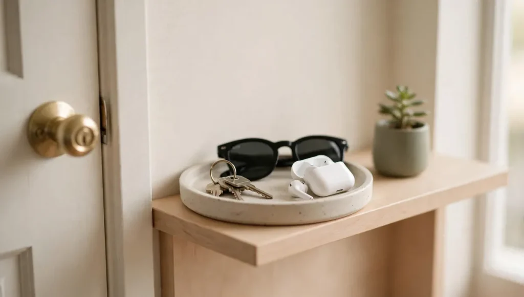 Small round ceramic tray on narrow entryway shelf holding keys, sunglasses and earbuds with tiny green plant