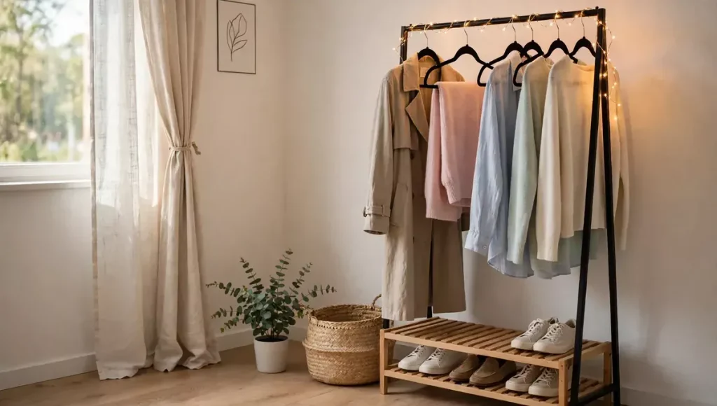  Garment rack corner as a closet idea for apartments with no closets.