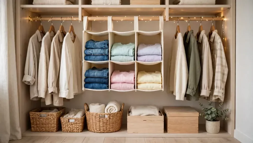 Hanging fabric shelves for space-saving closet storage solutions. 