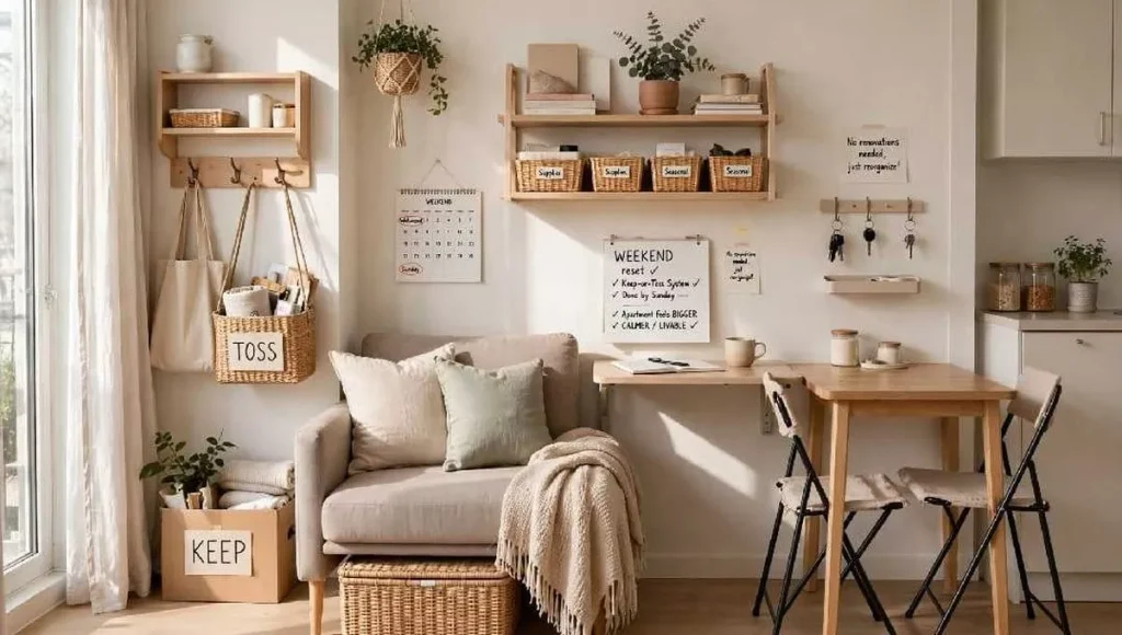 Declutter a Small Apartment like A bright, organized small apartment interior after a weekend declutter, featuring a KEEP and TOSS basket system, folding table, wall shelves, and a checklist board showing how to make a small space feel bigger and calmer for renters