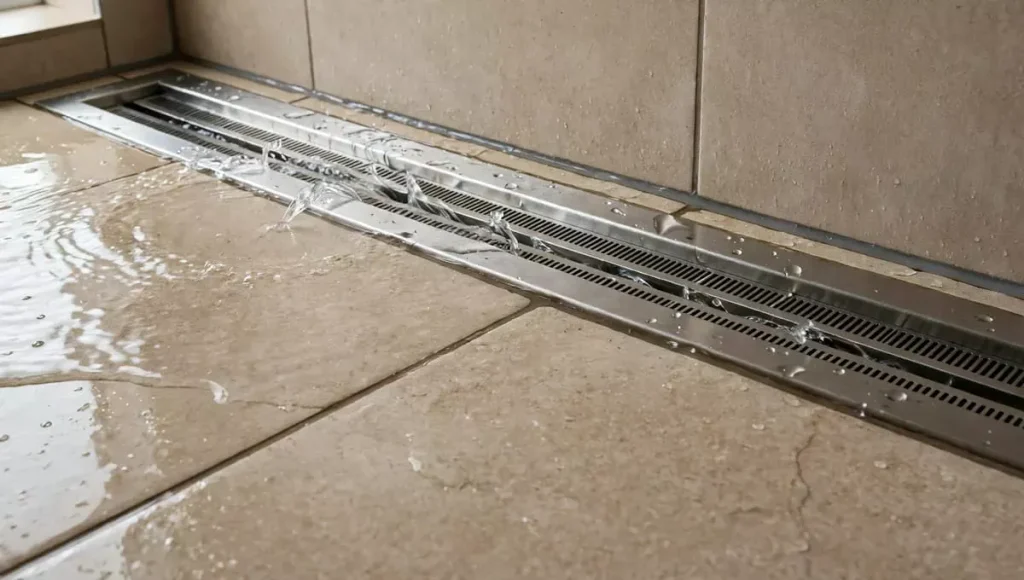 Close-up of stainless steel linear channel drain against wall in wet room, water draining from large beige floor tiles with one-way slope