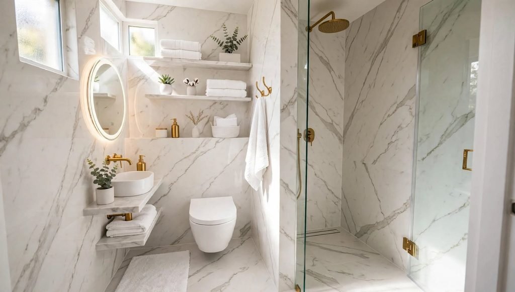 Bright white marble luxury bathroom with gold fixtures, backlit mirror and walk-in shower
