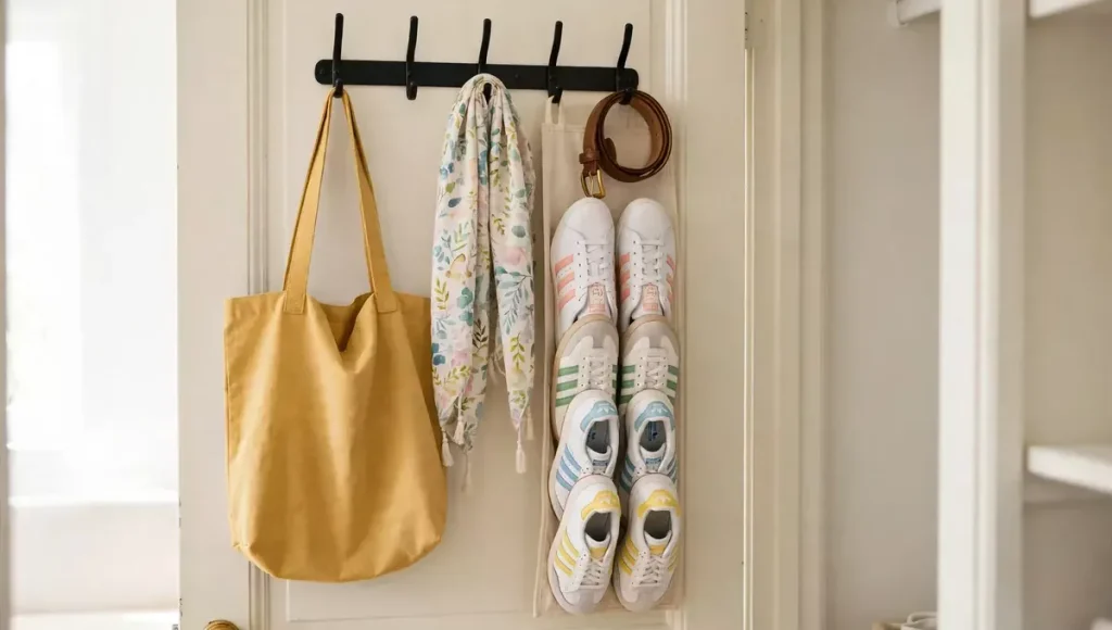  Renter-friendly closet organization with over-the-door hooks and racks.
