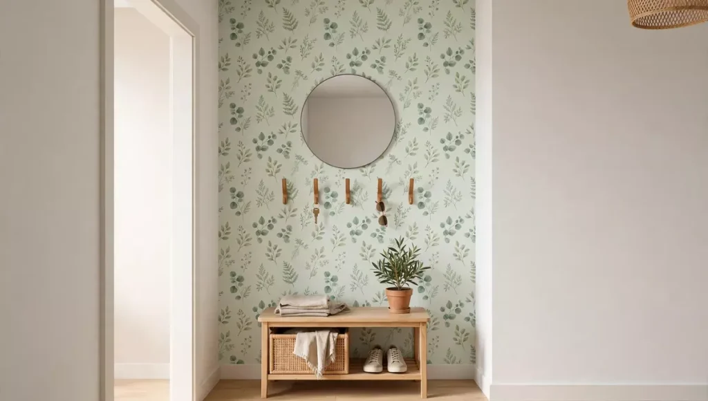 Peel-and-stick wallpaper accent wall in a renter-friendly entryway