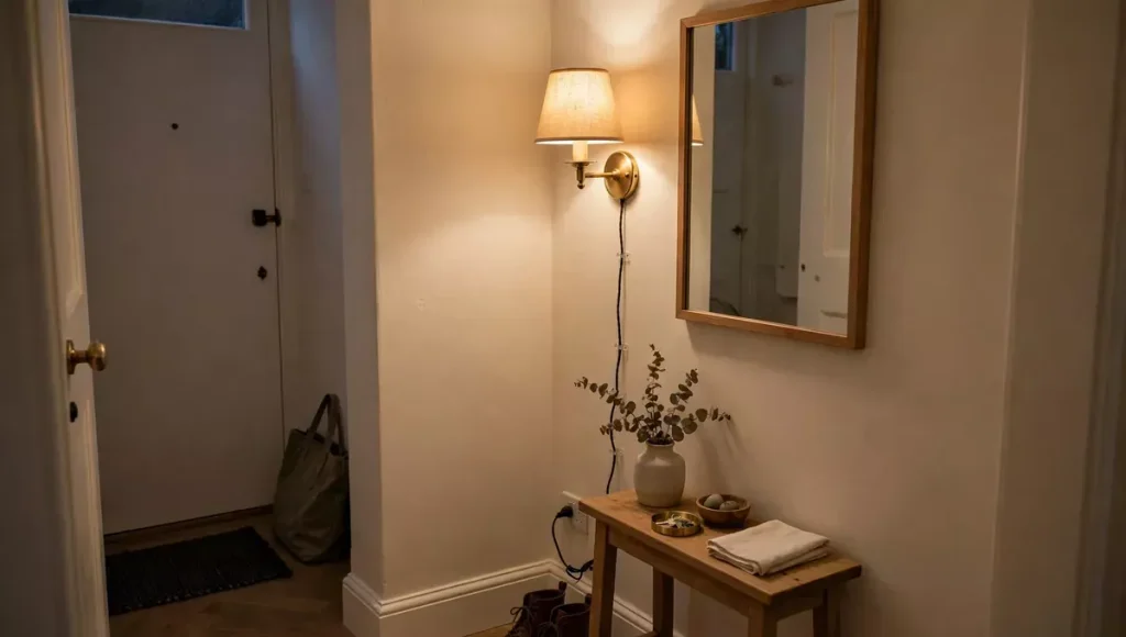 Small entryway lit by warm plug-in wall sconce beside wood-framed mirror with soft warm glow on cream walls