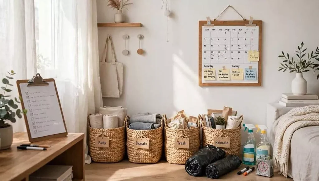 Small apartment preparing for decluttering weekend with Keep Donate Trash Relocate baskets, checklist clipboard, garbage bags, timer and two-day schedule calendar