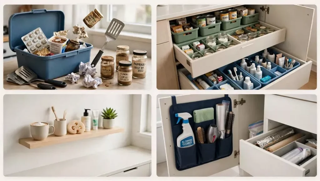 Small kitchen and bathroom organization with stackable bins, drawer dividers, door organizers, and daily-use items kept within easy reach after removing expired food and duplicate utensils