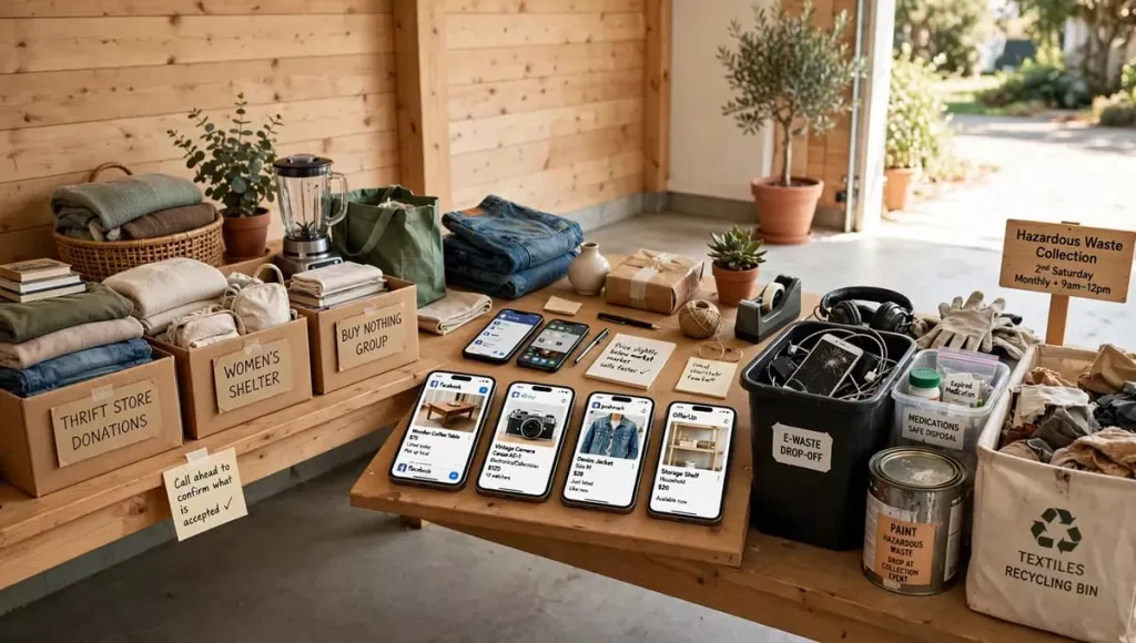 Entryway with organized donation boxes for thrift stores and shelters, phone showing online selling platforms, and eco-friendly recycling bins for e-waste and hazardous items
