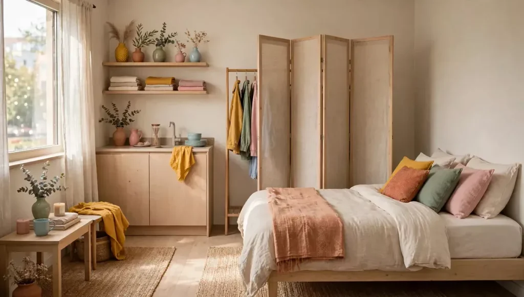  Room divider hiding a clothing rack in a studio apartment.