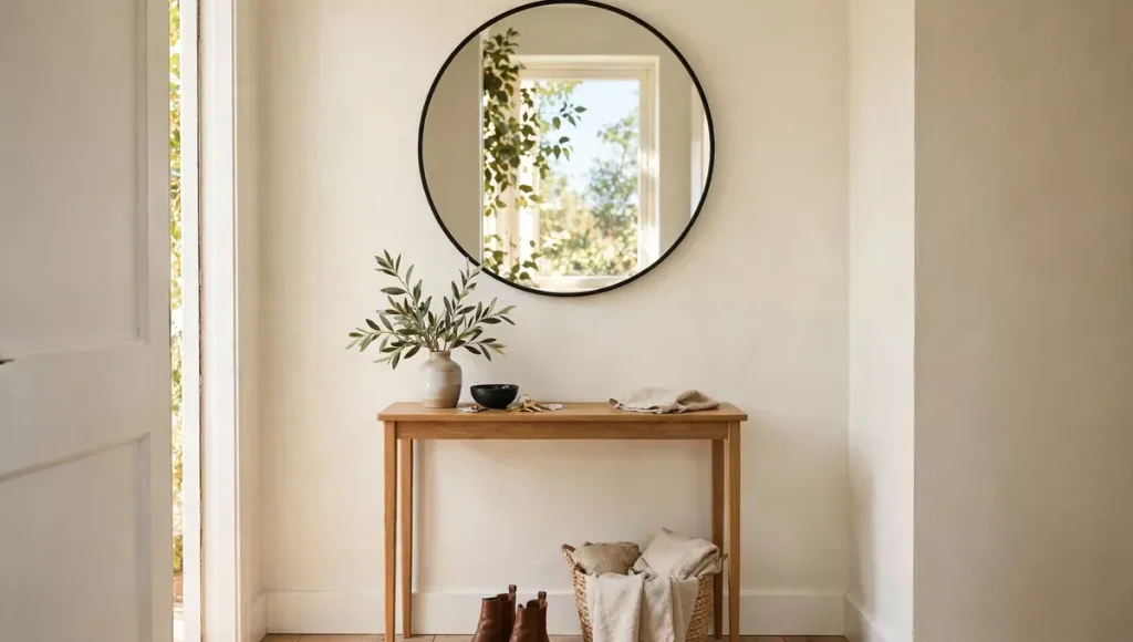 Round mirror in a small entryway making the space look bigger