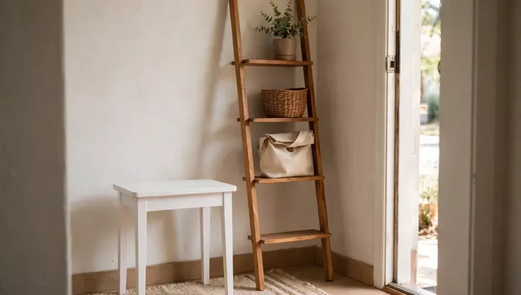 Slim stool and ladder shelf used instead of a bench in a small entryway