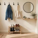 Small entryway on a budget with wall hooks, shoe rack, mirror and key tray