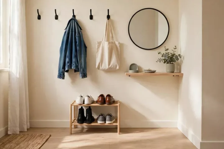 Small entryway on a budget with wall hooks, shoe rack, mirror and key tray