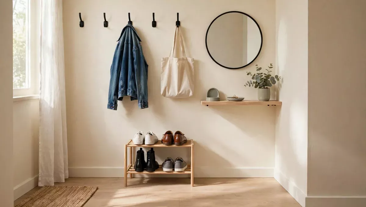 Small entryway on a budget with wall hooks, shoe rack, mirror and key tray
