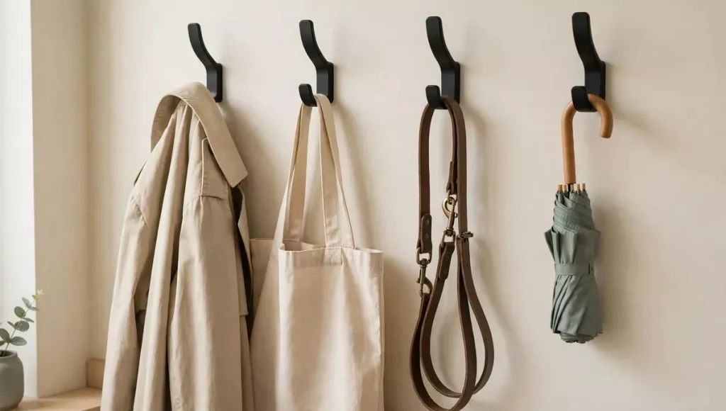 In small entryway ideas, matte black wall hooks in small entryway holding trench coat, canvas tote bag, dog leash and small umbrella