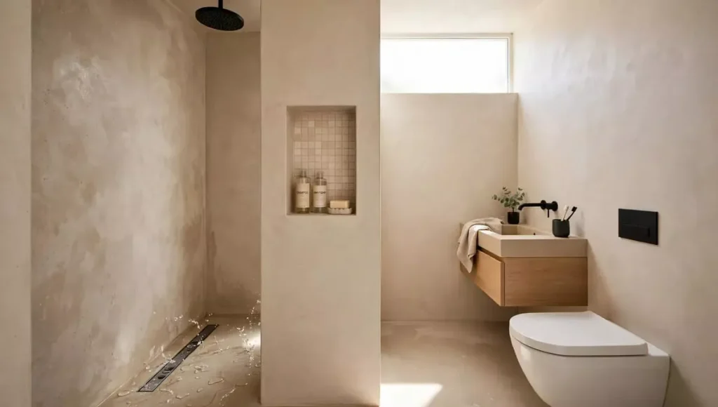 Small wet room with recessed built-in niche in shower wall holding shampoo and soap, beige microcement, linear drain, floating vanity, wall-hung toilet - budget storage idea