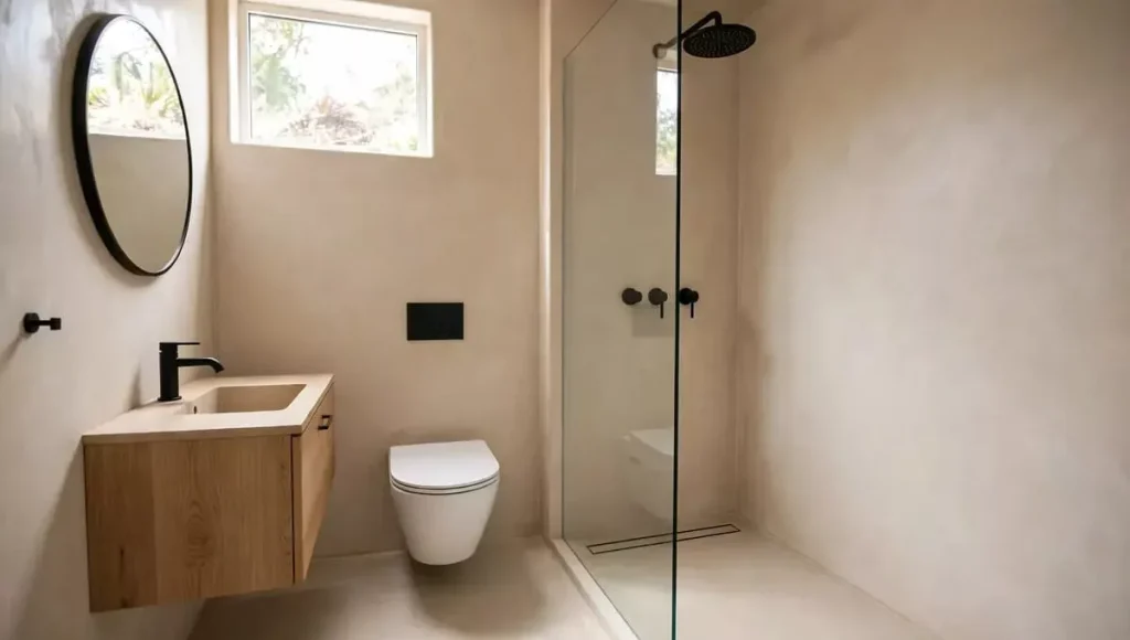 Minimal small wet room with single frameless clear glass shower panel, beige microcement walls, wall-hung toilet, floating oak vanity, black rain shower and linear drain