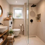 Modern Japandi small bathroom with beige microcement walls, walk-in glass shower with matte black rainfall showerhead, round wooden mirror, wall-hung white sink on floating wooden shelves, and natural plants
