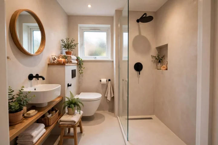 Modern Japandi small bathroom with beige microcement walls, walk-in glass shower with matte black rainfall showerhead, round wooden mirror, wall-hung white sink on floating wooden shelves, and natural plants