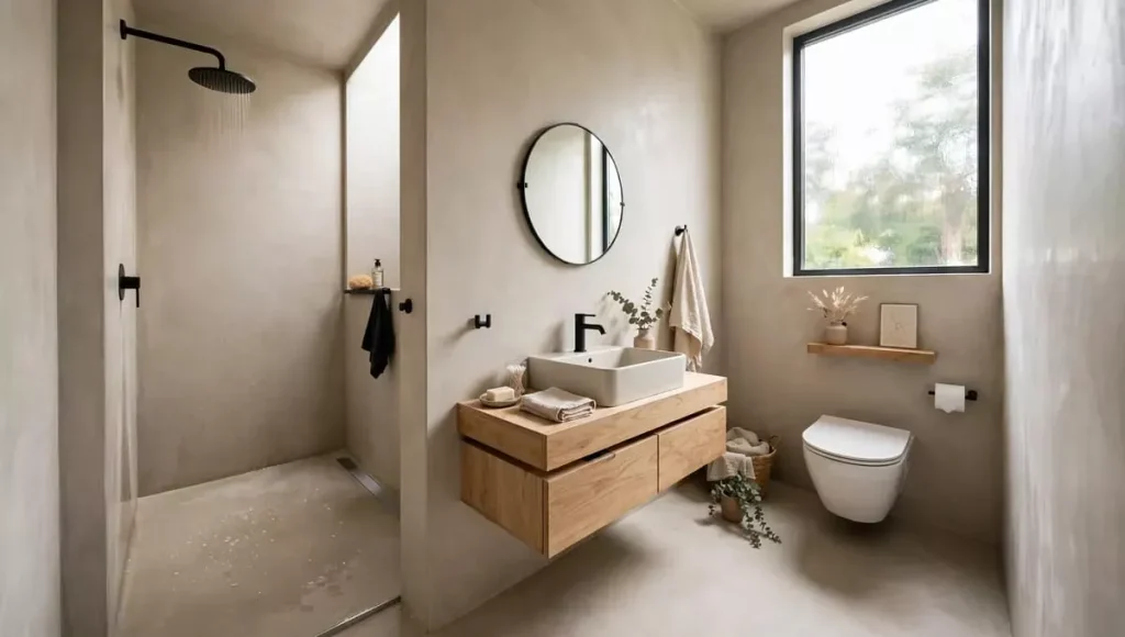 Small wet room with toilet furthest from showerhead, basin as buffer between, beige microcement, black fixtures, linear drain, wall-hung toilet dry zone layout