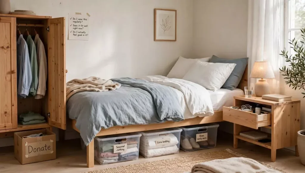 Calm Scandinavian small bedroom with streamlined wardrobe, under-bed bins for seasonal clothing and extra bedding, and clear nightstand with only essentials for better rest